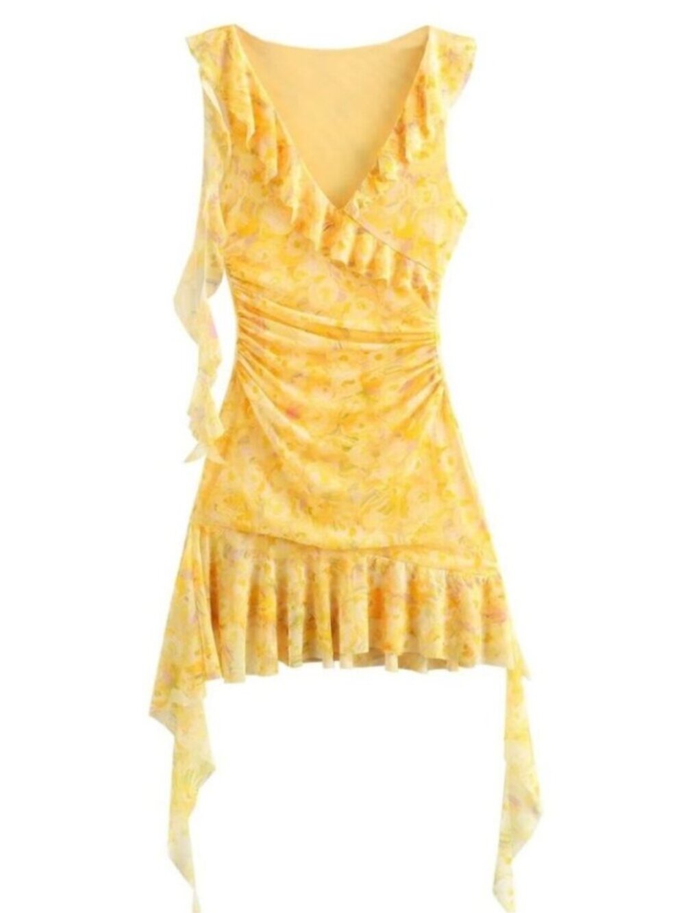 Zara Floral Mesh Mini Dress Ruffle Feminine Yellow Size Medium - Picture 5 of 9